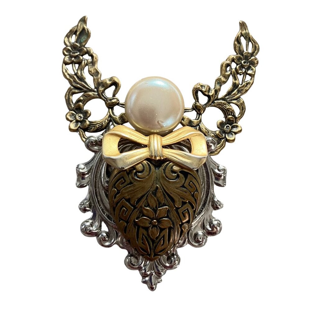 Vintage Signed Jane Brass Silver Mother of Pearl Angel Heart Brooch Steampunk